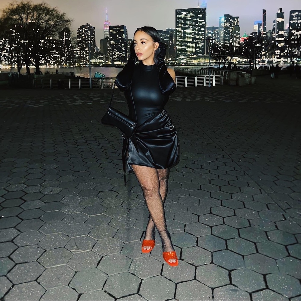 Black Neoprene and Satin Wrap Bodycon Dress